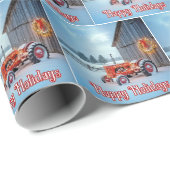 Happy Holidays Red Farm Tractor In Snow Cadeaupapier (Rol Hoek)