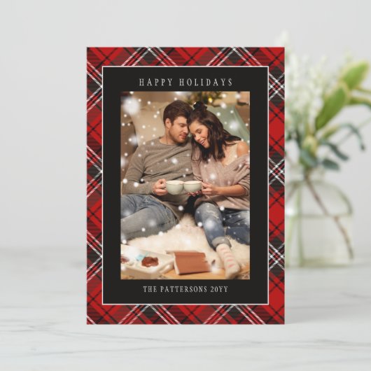 Happy Holidays Red Plaid Christmas Tartan Photo Feestdagenkaart (Staand voorkant)