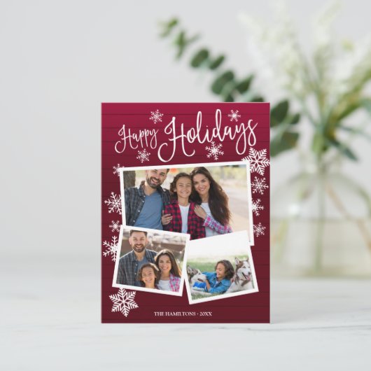 Happy Holidays Snowflake Rustic 3 Foto's Collage Briefkaart (Staand voorkant)