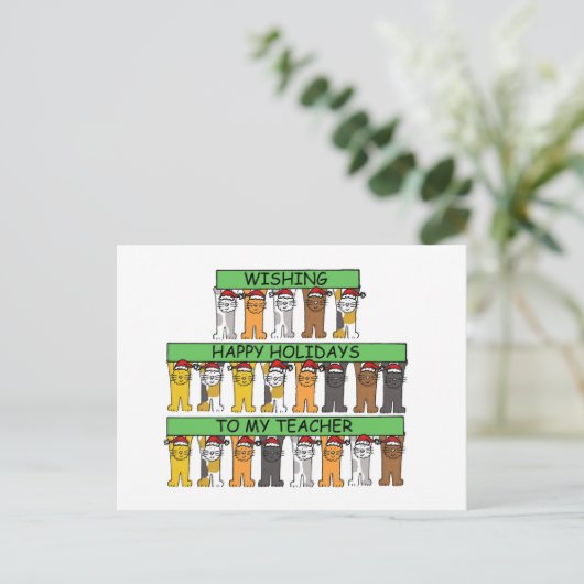 Happy Holidays to Teacher Cartoon Cats Feestdagenkaart (Staand voorkant)