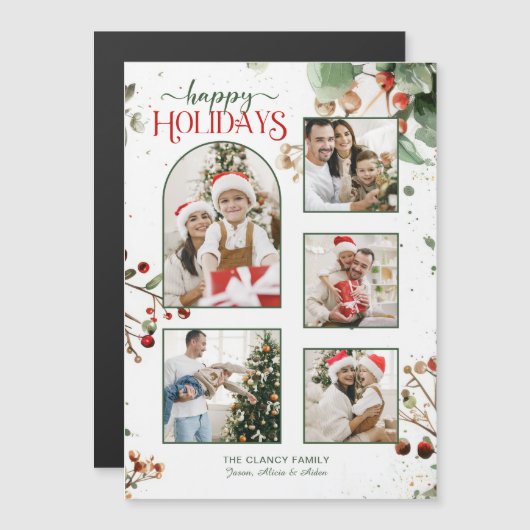 Happy Holidays Watercolor Holly Botanical 5 Photo (Voorkant / Achterkant)