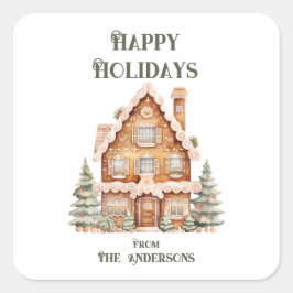 Happy Holidays Watercolor House Personalized  Vierkante Sticker