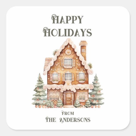 Happy Holidays Watercolor House Personalized  Vierkante Sticker (Voorkant)