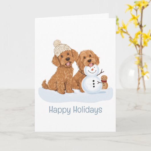 Happy Holidays Winter Goldendoodle Dog Snowman Kaart (Gele Bloem)