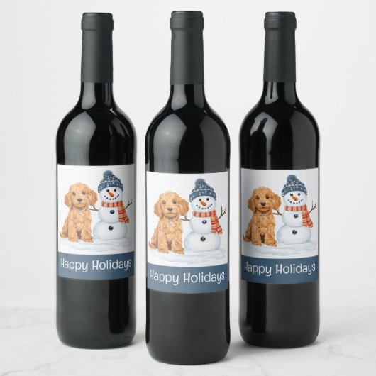 Happy Holidays Winter Goldendoodle Dog Snowman Wijn Etiket (Flessen)