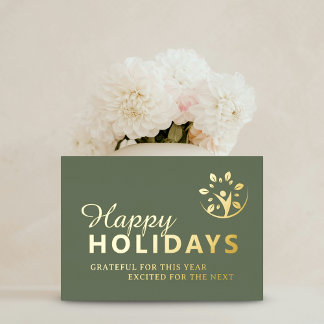 Happy holidays with logo business green gold foil folie feestdagenkaart