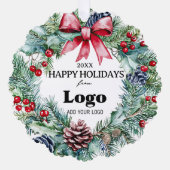 Happy Holidays Wreath Bow Logo Small Gifts Clients Ornament Kaart (Voorkant)