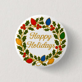 Happy Holidays Wreath Christmas Lights and Holly Ronde Button 3,2 Cm