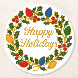 Happy Holidays Wreath Christmas Lights and Holly Ronde Kartonnen Onderzetter