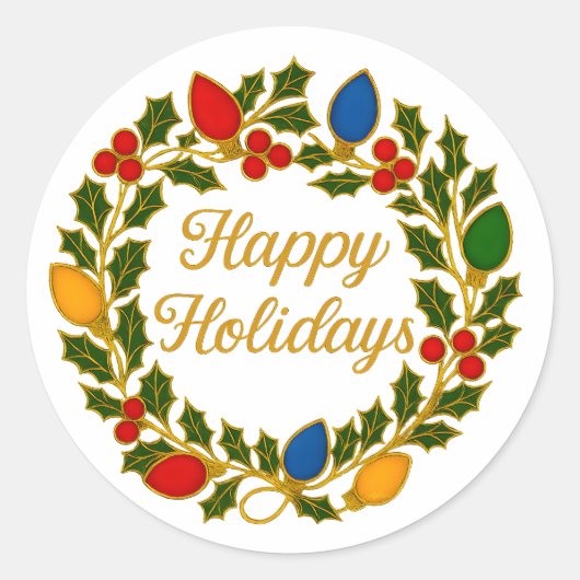 Happy Holidays Wreath Christmas Lights and Holly Ronde Sticker (Voorkant)