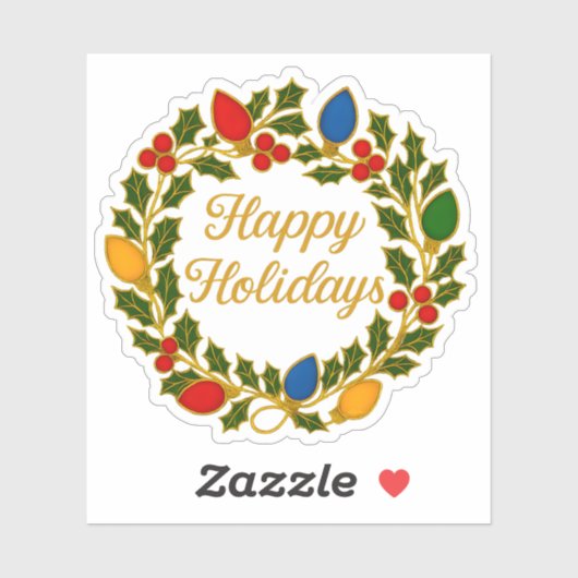 Happy Holidays Wreath Christmas Lights and Holly Sticker (Vel)