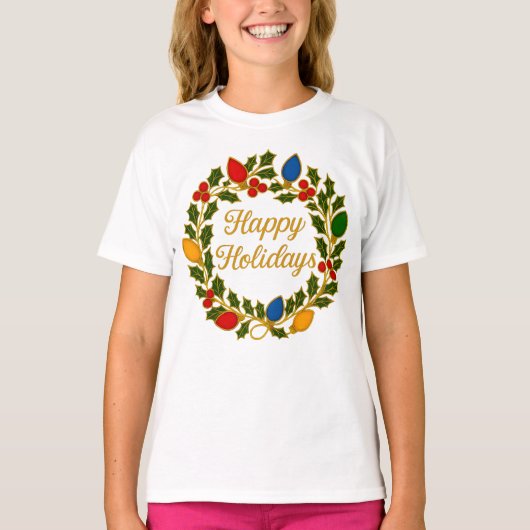 Happy Holidays Wreath Christmas Lights and Holly T-shirt (Voorkant)