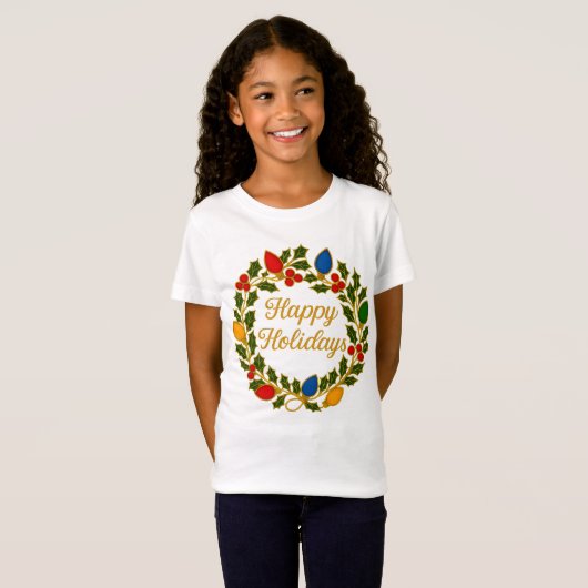 Happy Holidays Wreath Christmas Lights and Holly T-shirt (Voorkant volledig)