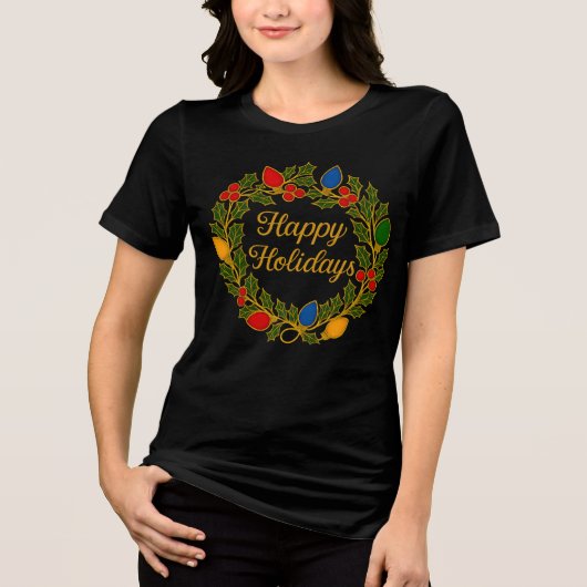 Happy Holidays Wreath Christmas Lights and Holly Tri-Blend Shirt (Voorkant)