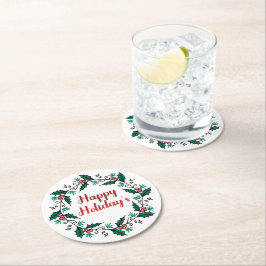 Happy Holiday's Wreath Paper Coaster Ronde Kartonnen Onderzetter