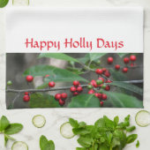 Happy Holly Days Red Berries Fotografische Holiday Theedoek (Gevouwen)