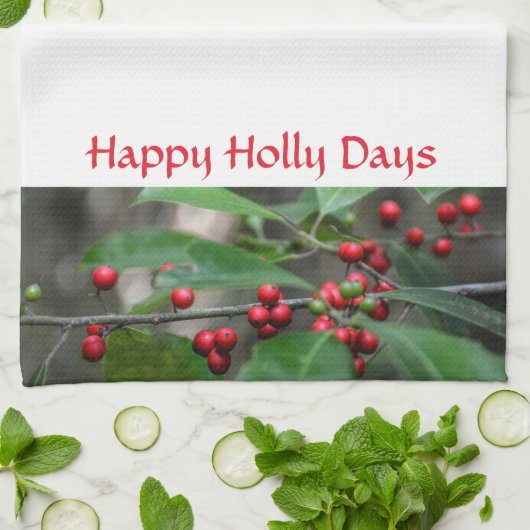 Happy Holly Days Red Berries Fotografische Holiday Theedoek (Gevouwen)