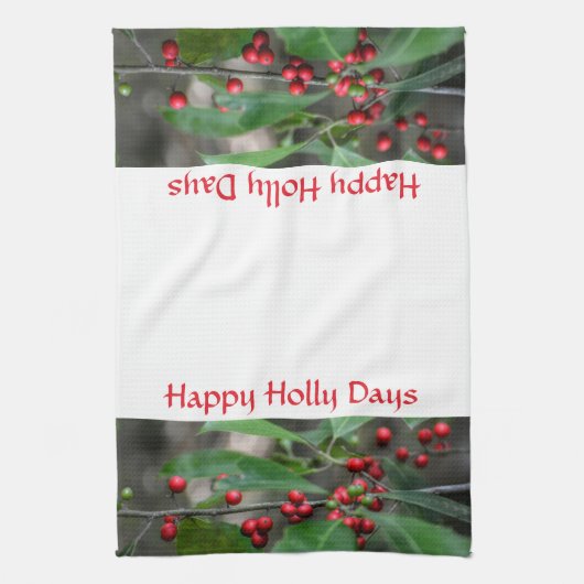 Happy Holly Days Red Berries Fotografische Holiday Theedoek (Verticaal)
