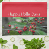 Happy Holly Days Red Berries Fotografische Holiday Theedoek (Gevouwen)