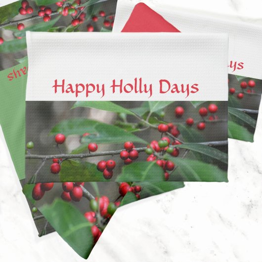 Happy Holly Days Red Berries Fotografische Holiday Theedoek