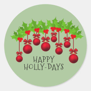 HAPPY HOLLY-DAYS Rood/Groen Kerstfeest Ronde Sticker