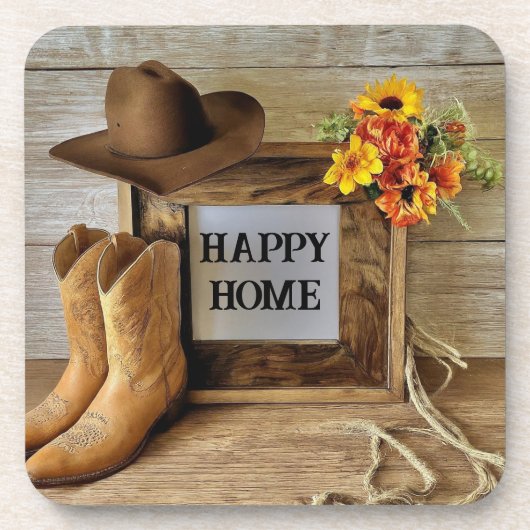 Happy Home Cowgirl Cowboystijl met cowboylaarzen Bier Onderzetter (Voorkant)