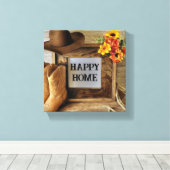 Happy Home Cowgirl Cowboystijl met cowboylaarzen Canvas Afdruk (Insitu (Houten vloer))
