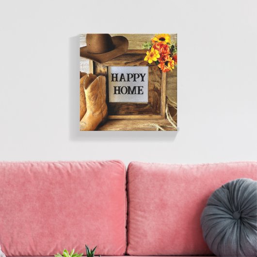 Happy Home Cowgirl Cowboystijl met cowboylaarzen Canvas Afdruk (Insitu (Woonkamer))