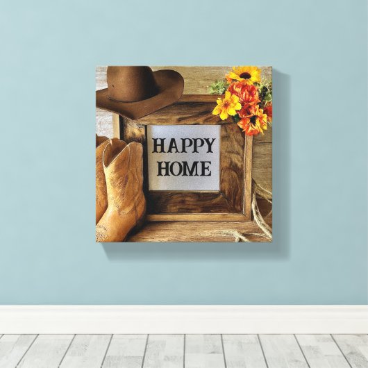 Happy Home Cowgirl Cowboystijl met cowboylaarzen Canvas Afdruk (Insitu (Houten vloer))