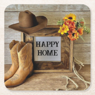 Happy Home Cowgirl Cowboystijl met cowboylaarzen Kartonnen Onderzetters