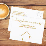 Happy Home Jubileum Gold Real Estate Company Briefkaart<br><div class="desc">Dit moderne Happy Home Jubileum briefkaart wordt gemaakt met uw echte bedrijfsnaam onder de chemische typografie. Deze minimalistische witte en goudbriefkaarten zijn voorzien van een eenvoudige lijntekening van een huis. Ze zijn perfect om klanten uit het verleden die hun huisaankoop doen te sturen om hen eraan te herinneren vrienden en...</div>