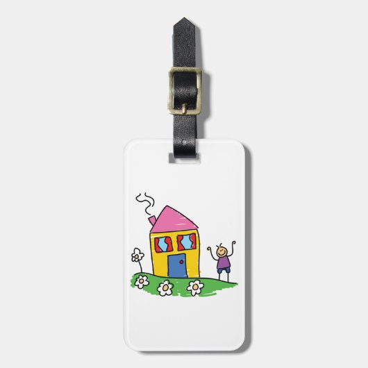 Happy Home Kleurrijk Huis en Stok Figuur Bagagelabel (Voorkant verticaal)