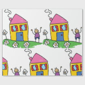 Happy Home Kleurrijk Huis en Stok Figuur Cadeaupapier (Vlak)