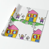Happy Home Kleurrijk Huis en Stok Figuur Cadeaupapier (Uitgerold)