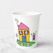 Happy Home Kleurrijk Huis en Stok Figuur Papieren Bekers (Voorkant)