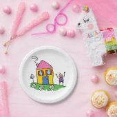 Happy Home Kleurrijk Huis en Stok Figuur Papieren Bordje (Feest)