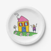 Happy Home Kleurrijk Huis en Stok Figuur Papieren Bordje (Voorkant)