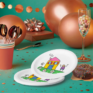 Happy Home Kleurrijk Huis en Stok Figuur Papieren Bordje