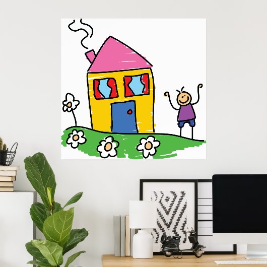 Happy Home Kleurrijk Huis en Stok Figuur Poster (Thuiskantoor)