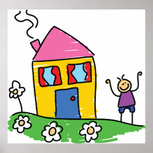 Happy Home Kleurrijk Huis en Stok Figuur Poster