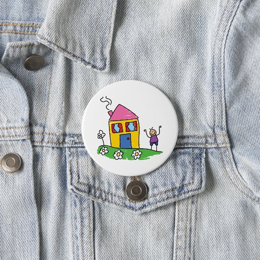 Happy Home Kleurrijk Huis en Stok Figuur Ronde Button 7,6 Cm