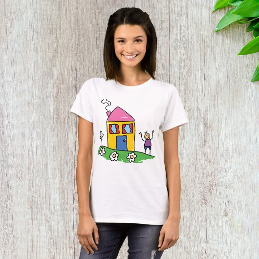 Happy Home Kleurrijk Huis en Stok Figuur T-shirt
