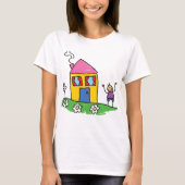 Happy Home Kleurrijk Huis en Stok Figuur T-shirt (Voorkant)