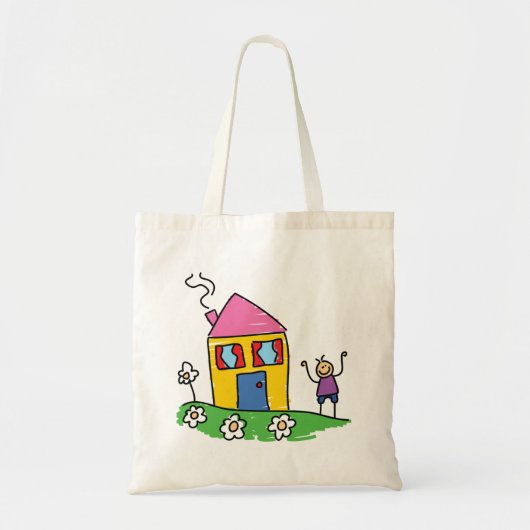 Happy Home Kleurrijk Huis en Stok Figuur Tote Bag (Voorkant)