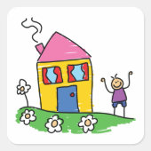 Happy Home Kleurrijk Huis en Stok Figuur Vierkante Sticker (Voorkant)