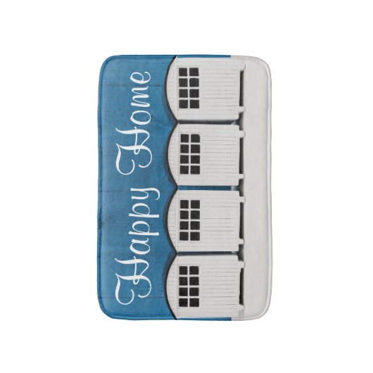 Happy Home Summer Beach cabines in blauw en wit Badmat (Voorkant Verticaal)