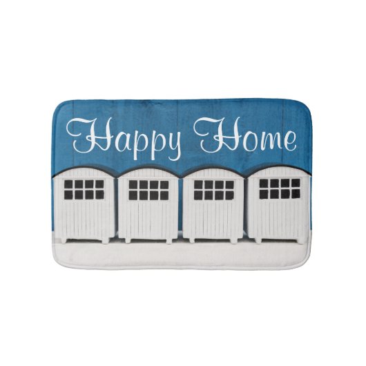 Happy Home Summer Beach cabines in blauw en wit Badmat (Voorkant)