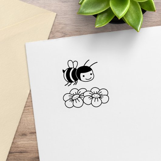 Happy Honey Bee and Flowers Rubberstempel