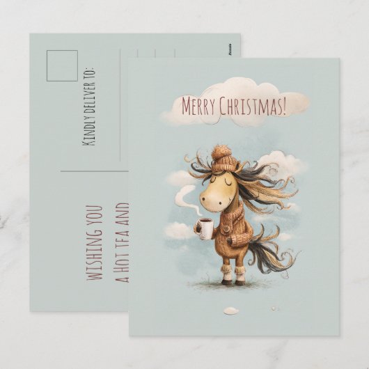 Happy horse enjoys a warm drink, Christmas holiday Feestdagenkaart (Voorkant / Achterkant)