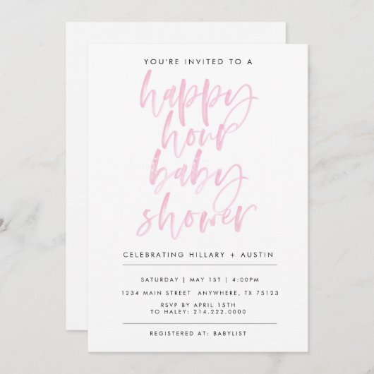 HAPPY HOUR BABY SHOWER- ROZE KAART (Voorkant / Achterkant)